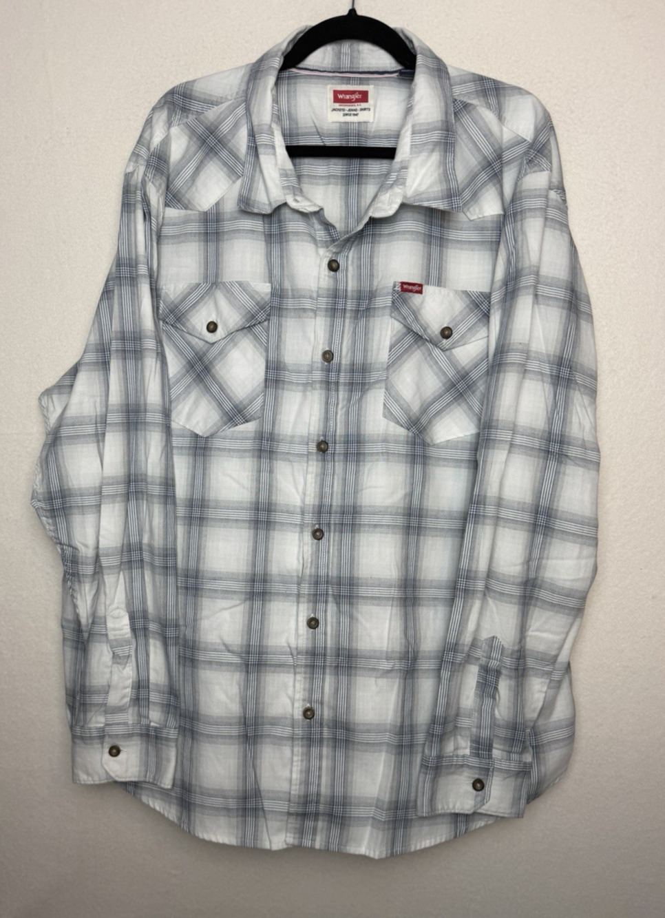 Wrangler Men's Long Sleeve Gray White Plaid Button Up Shirt Size 3XL Western